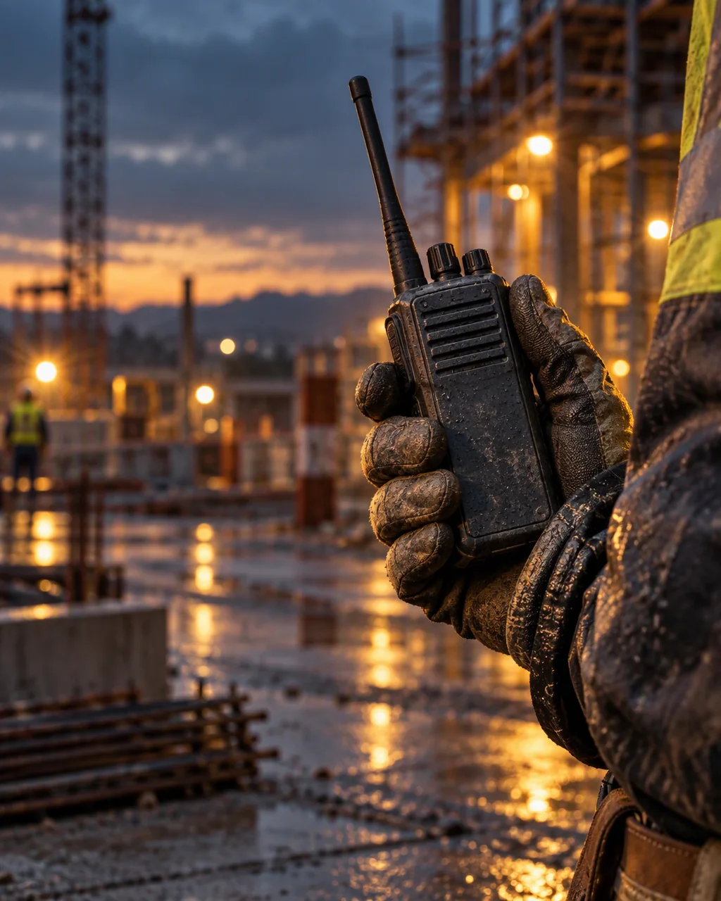 A gloved hand holding a rugged two-way radio on a construction site at dusk